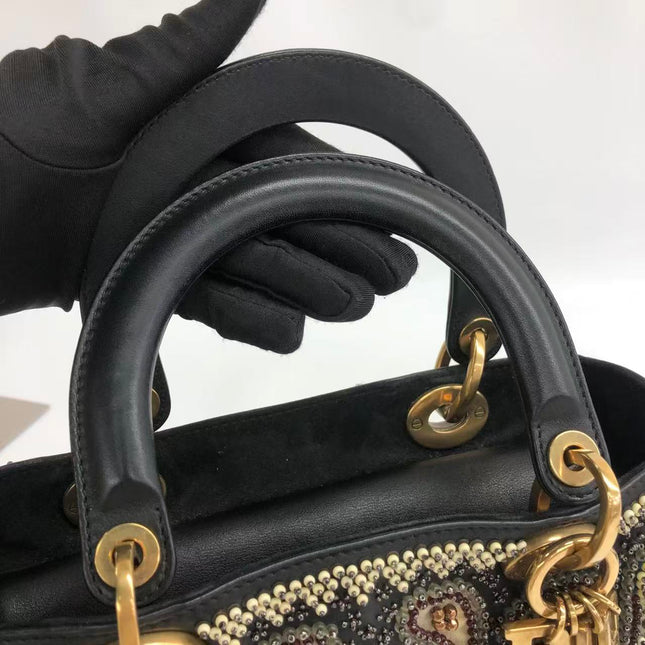 Lady Dior Medium Multicolor Beaded Leather and Fabric Gold Hardware with Strap