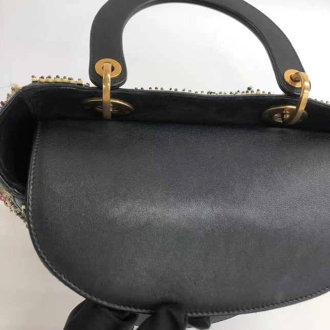 Lady Dior Medium Multicolor Beaded Leather and Fabric Gold Hardware with Strap