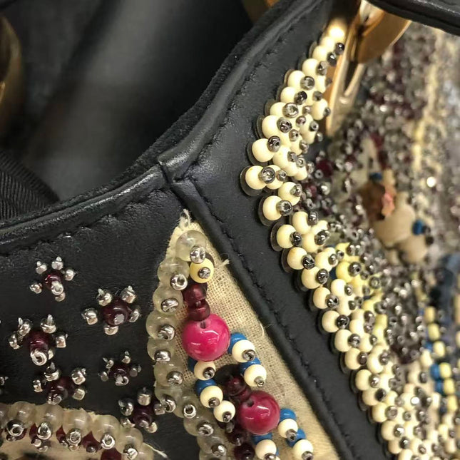 Lady Dior Medium Multicolor Beaded Leather and Fabric Gold Hardware with Strap