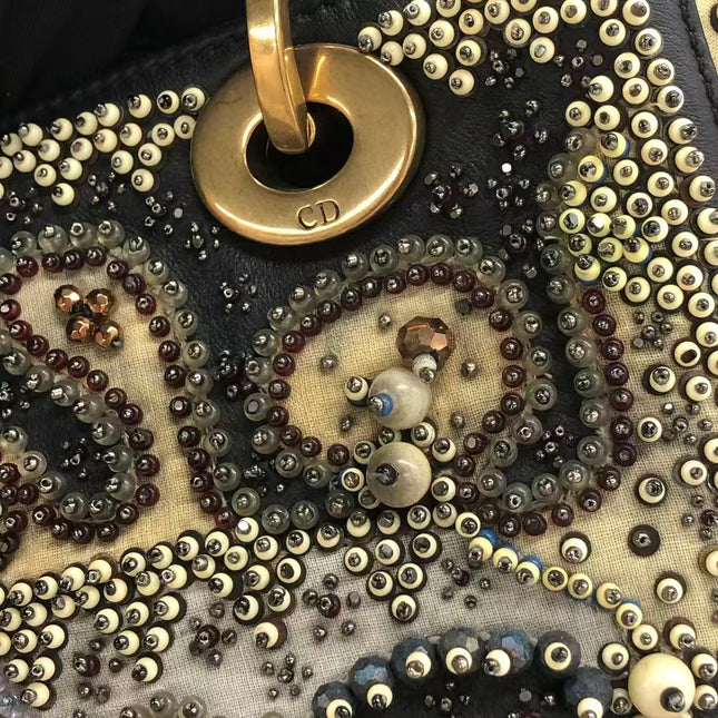 Lady Dior Medium Multicolor Beaded Leather and Fabric Gold Hardware with Strap