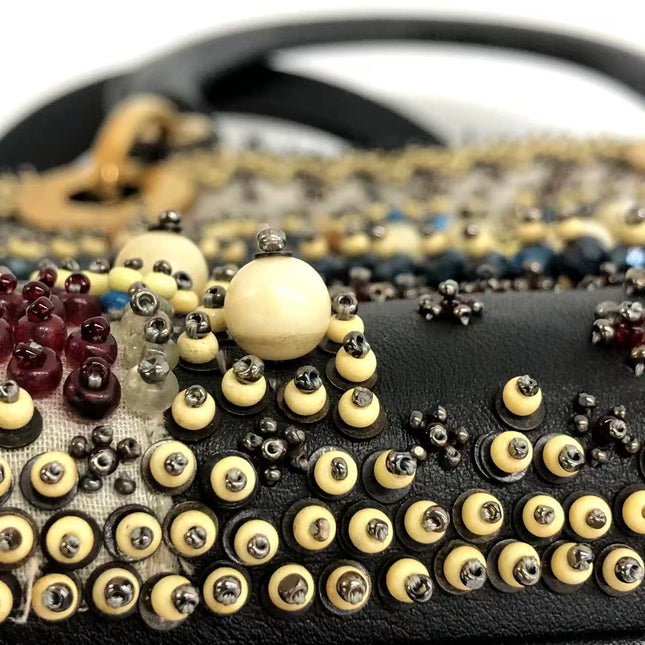Lady Dior Medium Multicolor Beaded Leather and Fabric Gold Hardware with Strap