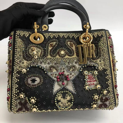 Lady Dior Medium Multicolor Beaded Leather and Fabric Gold Hardware with Strap