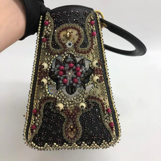 Lady Dior Medium Multicolor Beaded Leather and Fabric Gold Hardware with Strap