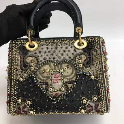 Lady Dior Medium Multicolor Beaded Leather and Fabric Gold Hardware with Strap