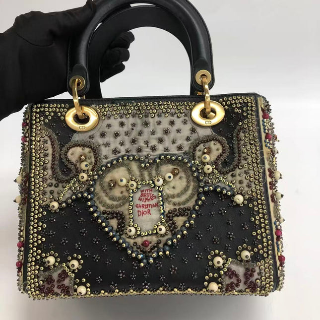 Lady Dior Medium Multicolor Beaded Leather and Fabric Gold Hardware with Strap