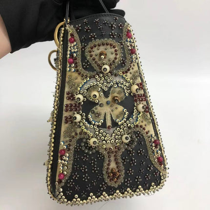 Lady Dior Medium Multicolor Beaded Leather and Fabric Gold Hardware with Strap