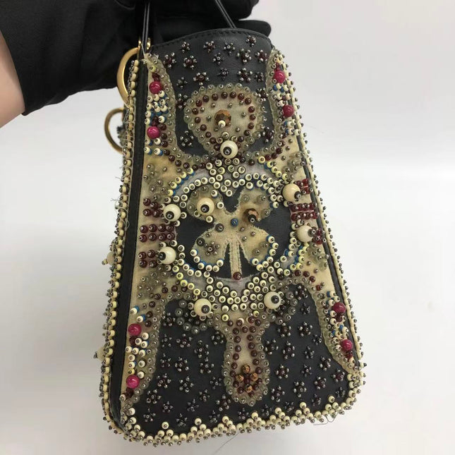 Lady Dior Medium Multicolor Beaded Leather and Fabric Gold Hardware with Strap