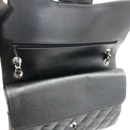 Chanel Classic Flap Jumbo Black Caviar Leather Double Flap Silver Hardware 2013-14