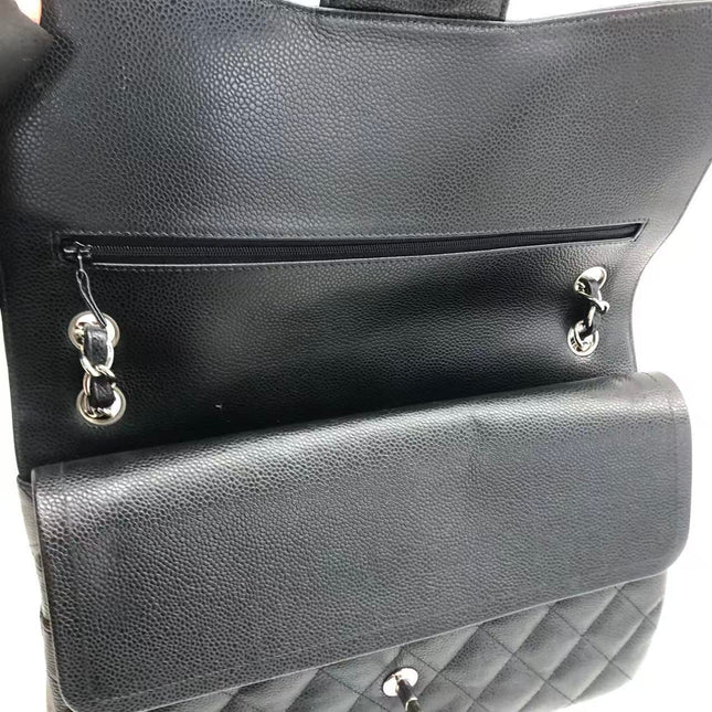 Chanel Classic Flap Jumbo Black Caviar Leather Double Flap Silver Hardware 2013-14