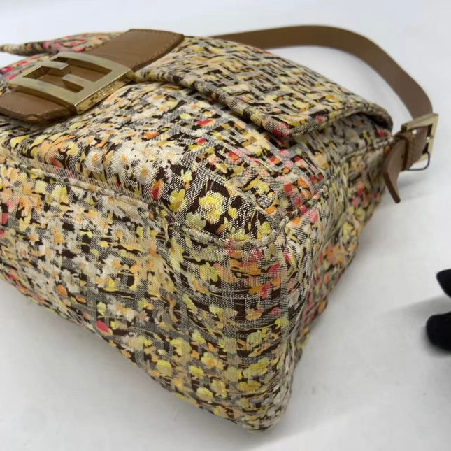 Fendi Mamma Baguette Floral Print Beige Leather Shoulder Bag