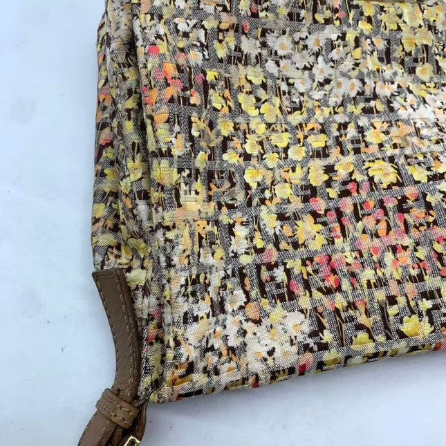 Fendi Mamma Baguette Floral Print Beige Leather Shoulder Bag