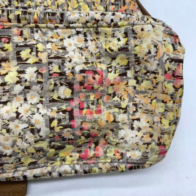 Fendi Mamma Baguette Floral Print Beige Leather Shoulder Bag