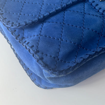 Chanel Royal Blue Suede Whipstitch Flap Jumbo Bag Silver Hardware