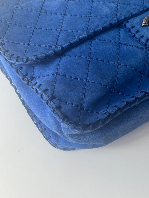 Chanel Royal Blue Suede Whipstitch Flap Jumbo Bag Silver Hardware