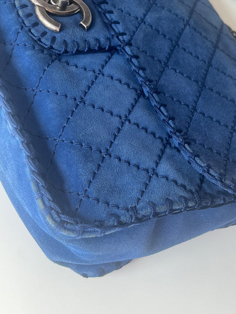 Chanel Royal Blue Suede Whipstitch Flap Jumbo Bag Silver Hardware