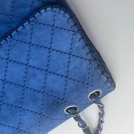 Chanel Royal Blue Suede Whipstitch Flap Jumbo Bag Silver Hardware