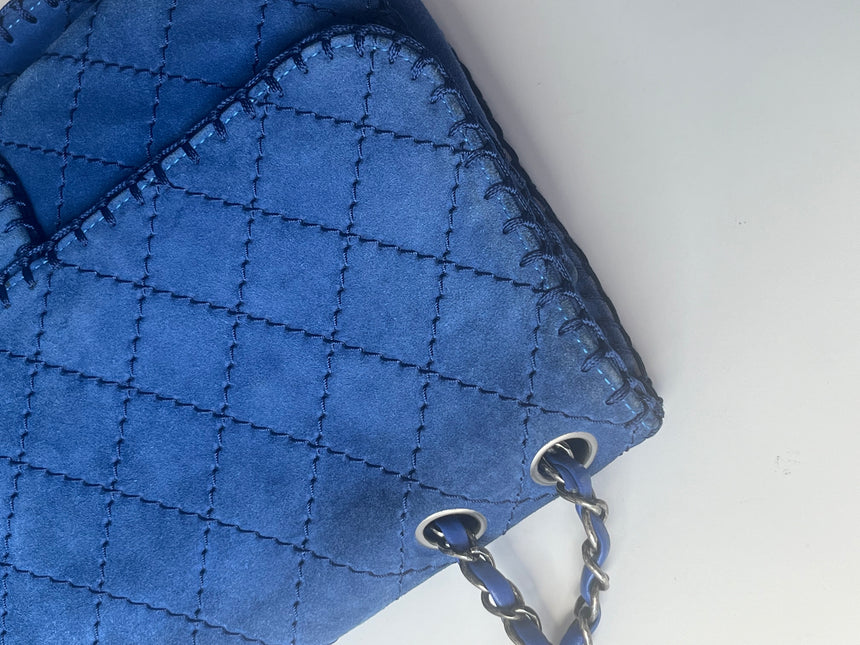 Chanel Royal Blue Suede Whipstitch Flap Jumbo Bag Silver Hardware