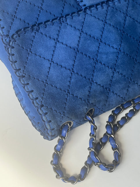 Chanel Royal Blue Suede Whipstitch Flap Jumbo Bag Silver Hardware