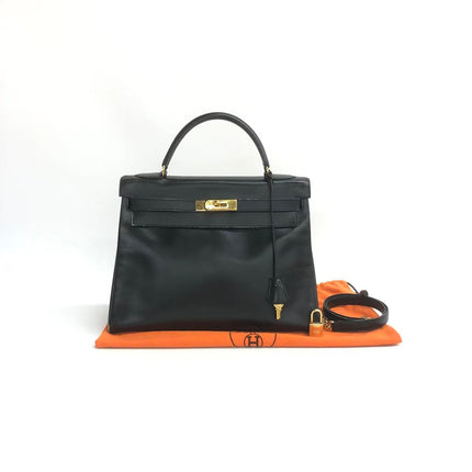 Hermès Kelly 32 Retourne 1979 Black Box Leather Gold Hardware With Strap
