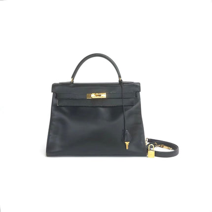 Hermès Kelly 32 Retourne 1979 Black Box Leather Gold Hardware With Strap