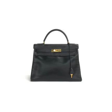 Hermès Kelly 32 Retourne 1979 Black Box Leather Gold Hardware With Strap