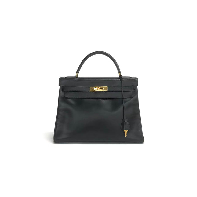 Hermès Kelly 32 Retourne 1979 Black Box Leather Gold Hardware With Strap