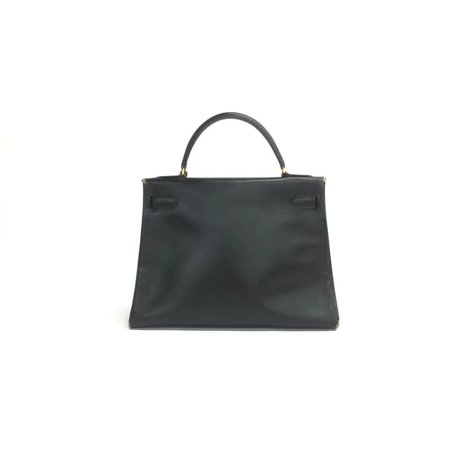 Hermès Kelly 32 Retourne 1979 Black Box Leather Gold Hardware With Strap