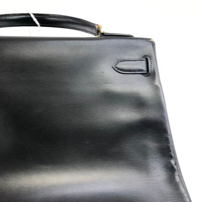 Hermès Kelly 32 Retourne 1979 Black Box Leather Gold Hardware With Strap