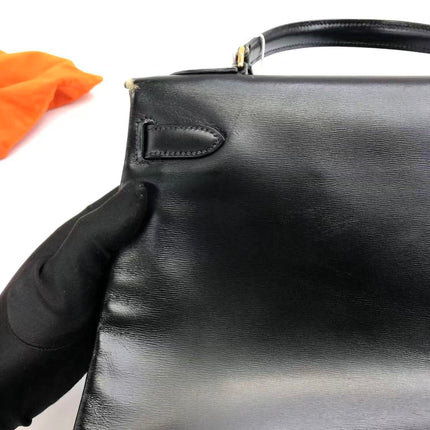 Hermès Kelly 32 Retourne 1979 Black Box Leather Gold Hardware With Strap