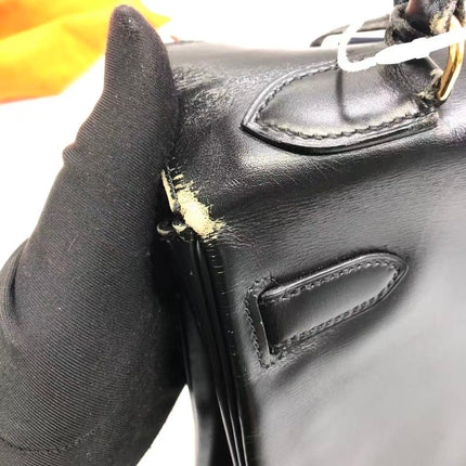Hermès Kelly 32 Retourne 1979 Black Box Leather Gold Hardware With Strap