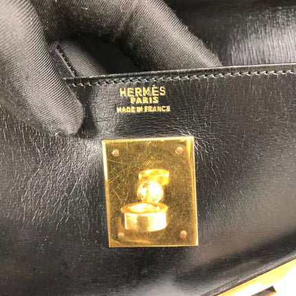 Hermès Kelly 32 Retourne 1979 Black Box Leather Gold Hardware With Strap
