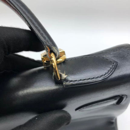 Hermès Kelly 32 Retourne 1979 Black Box Leather Gold Hardware With Strap