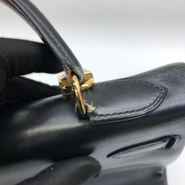 Hermès Kelly 32 Retourne 1979 Black Box Leather Gold Hardware With Strap
