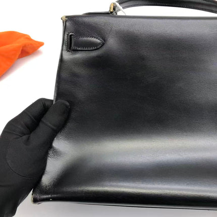 Hermès Kelly 32 Retourne 1979 Black Box Leather Gold Hardware With Strap