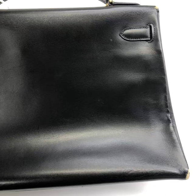Hermès Kelly 32 Retourne 1979 Black Box Leather Gold Hardware With Strap