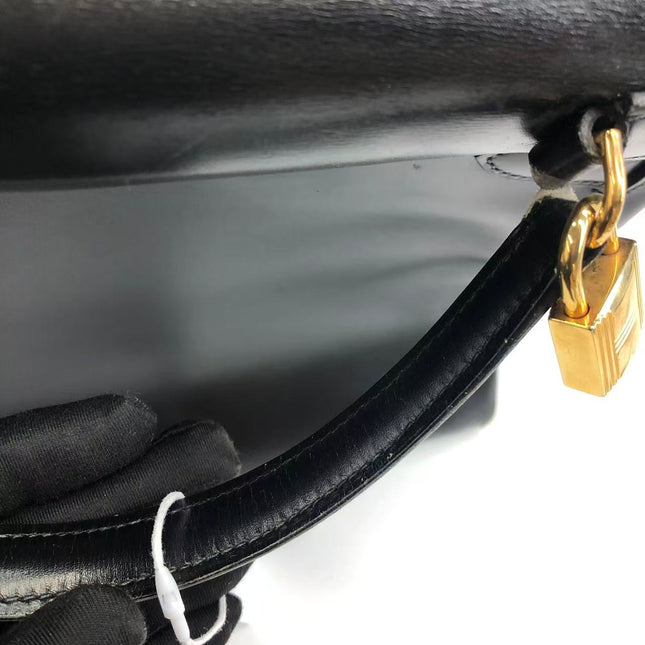 Hermès Kelly 32 Retourne 1979 Black Box Leather Gold Hardware With Strap