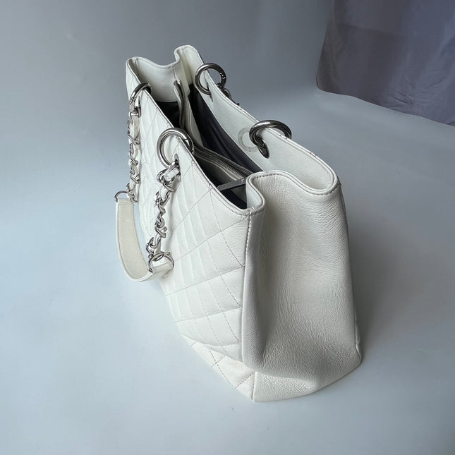 Chanel GST Grand Shopping Tote Large White Caviar Leather Silver Hardware