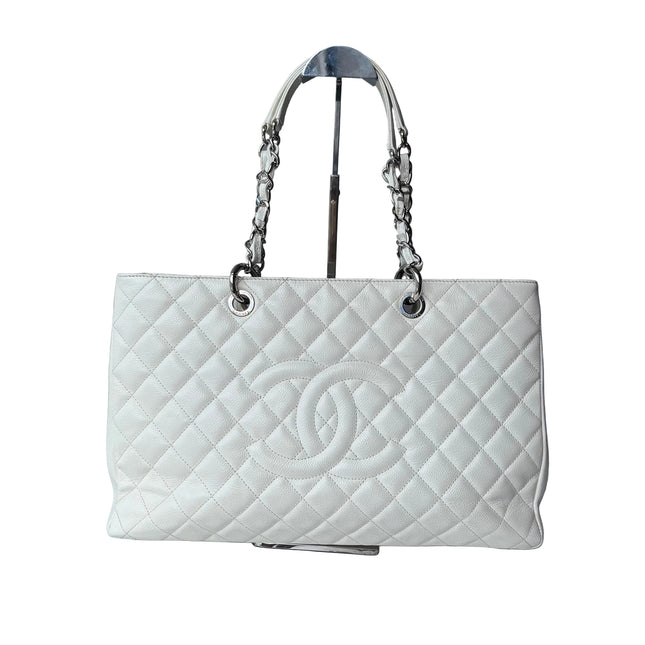 Chanel GST Grand Shopping Tote Large White Caviar Leather Silver Hardware