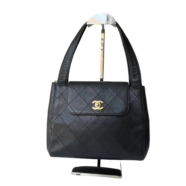 Chanel Vintage Kelly Mini Top Handle Flap Bag Black Lambskin Leather