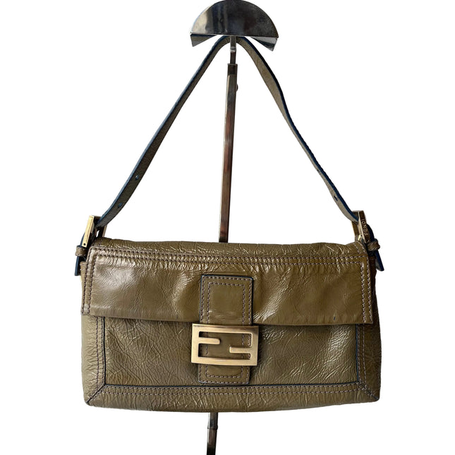 Fendi Baguette Dark Green Crinkled Patent Leather Shoulder Bag-Luxbags