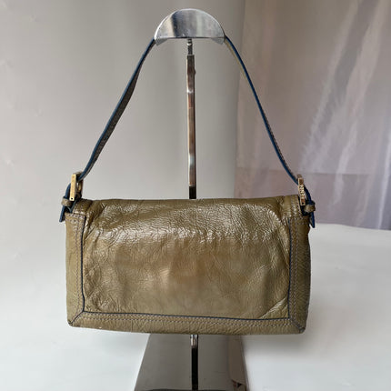 FENDI Baguette Dark Green Crinkled Patent Leather Shoulder Bag