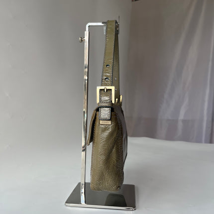 FENDI Baguette Dark Green Crinkled Patent Leather Shoulder Bag