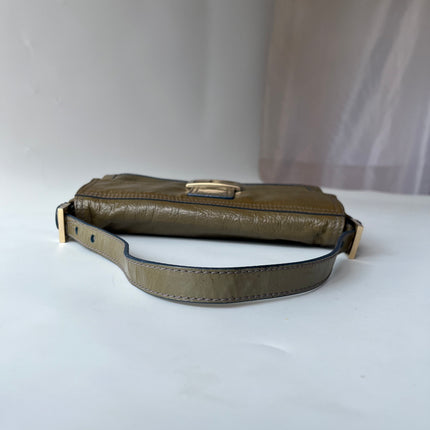 FENDI Baguette Dark Green Crinkled Patent Leather Shoulder Bag