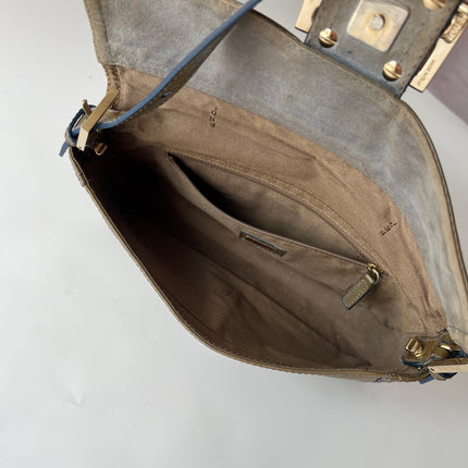 FENDI Baguette Dark Green Crinkled Patent Leather Shoulder Bag