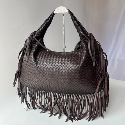 Bottega Veneta Veneta Sac hobo frangé Grand Marron Chocolat Foncé 47cm Cuir d'agneau