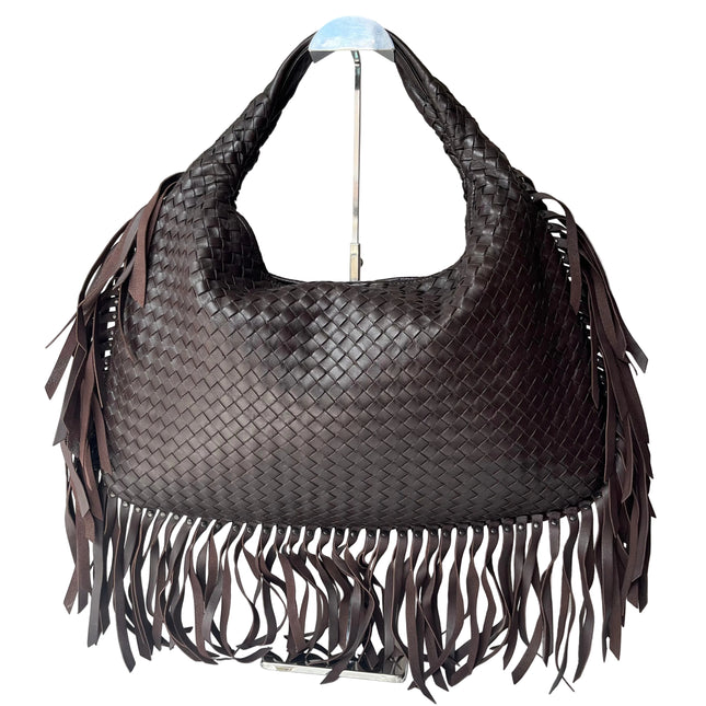 Bottega Veneta Veneta Fringed Hobo Large Dark Chocolate Brown Leather 47cm-Luxbags