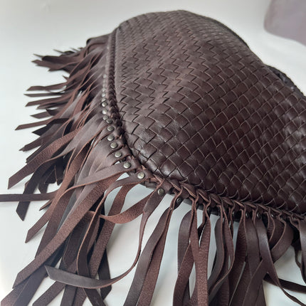 Bottega Veneta Veneta Sac hobo frangé Grand Marron Chocolat Foncé 47cm Cuir d'agneau