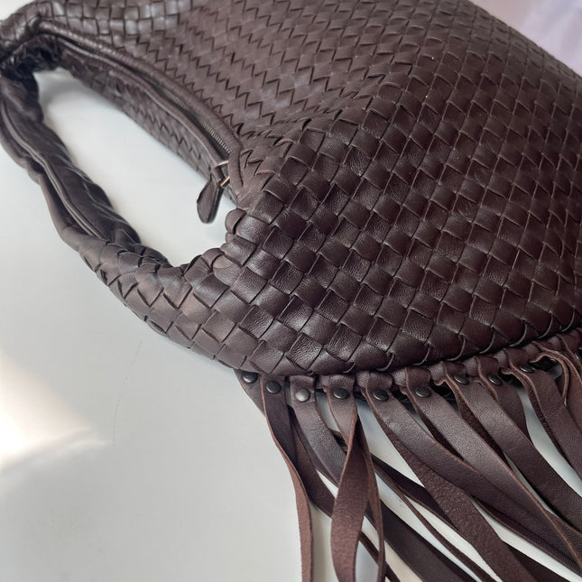 Bottega Veneta Veneta Fringed Hobo Large Dark Chocolate Brown Leather 47cm