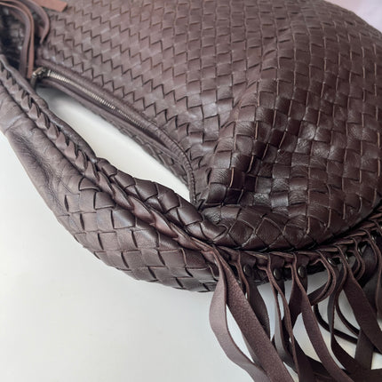 Bottega Veneta Veneta Sac hobo frangé Grand Marron Chocolat Foncé 47cm Cuir d'agneau