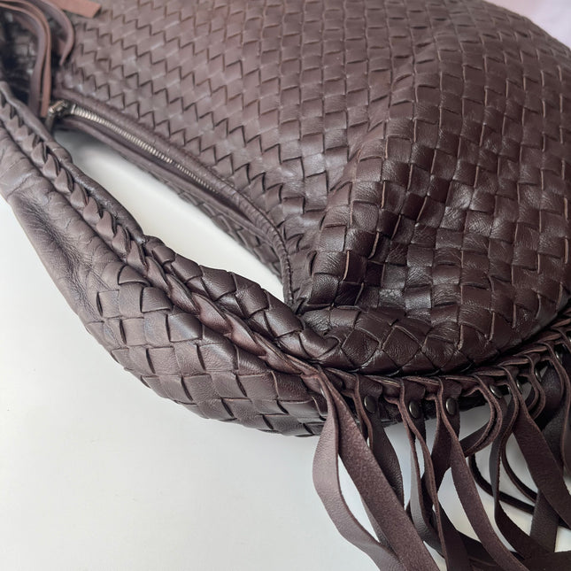 Bottega Veneta Veneta Fringed Hobo Large Dark Chocolate Brown Leather 47cm